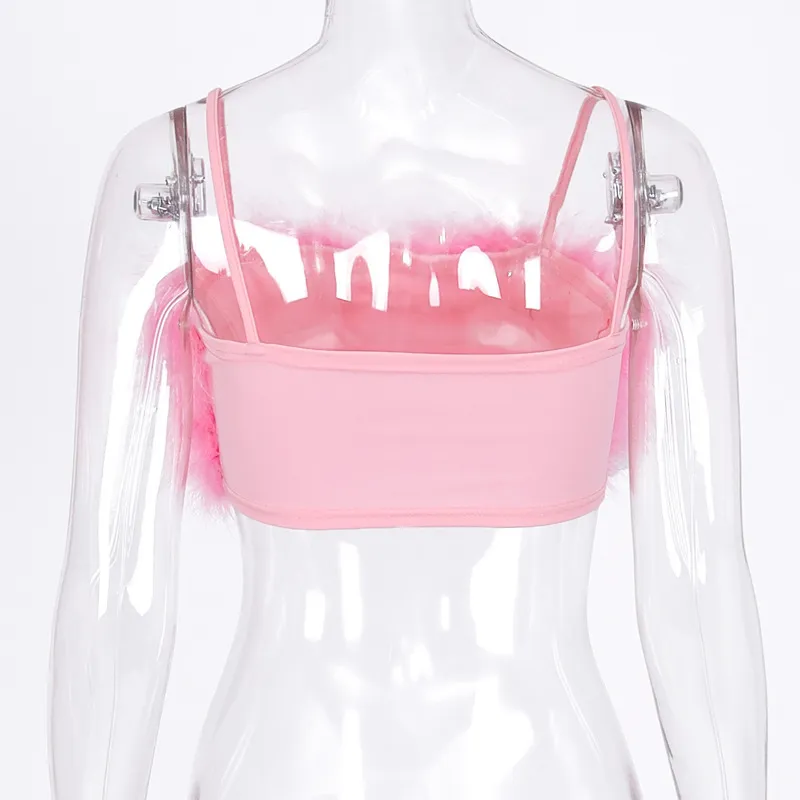 Crop Top Kobiety Sexy Bodycon New Arrivals Pink Feather Spaghetti Strap Celebrity Evening Club Party 210422
