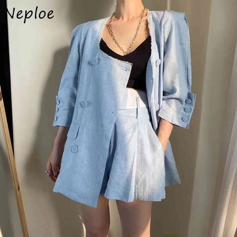 Work Style Ol Women Set O Neck Long Sleeve Double Breast Jacket + High Waist Hip Straight Shorts Solid Suit Spring 210422