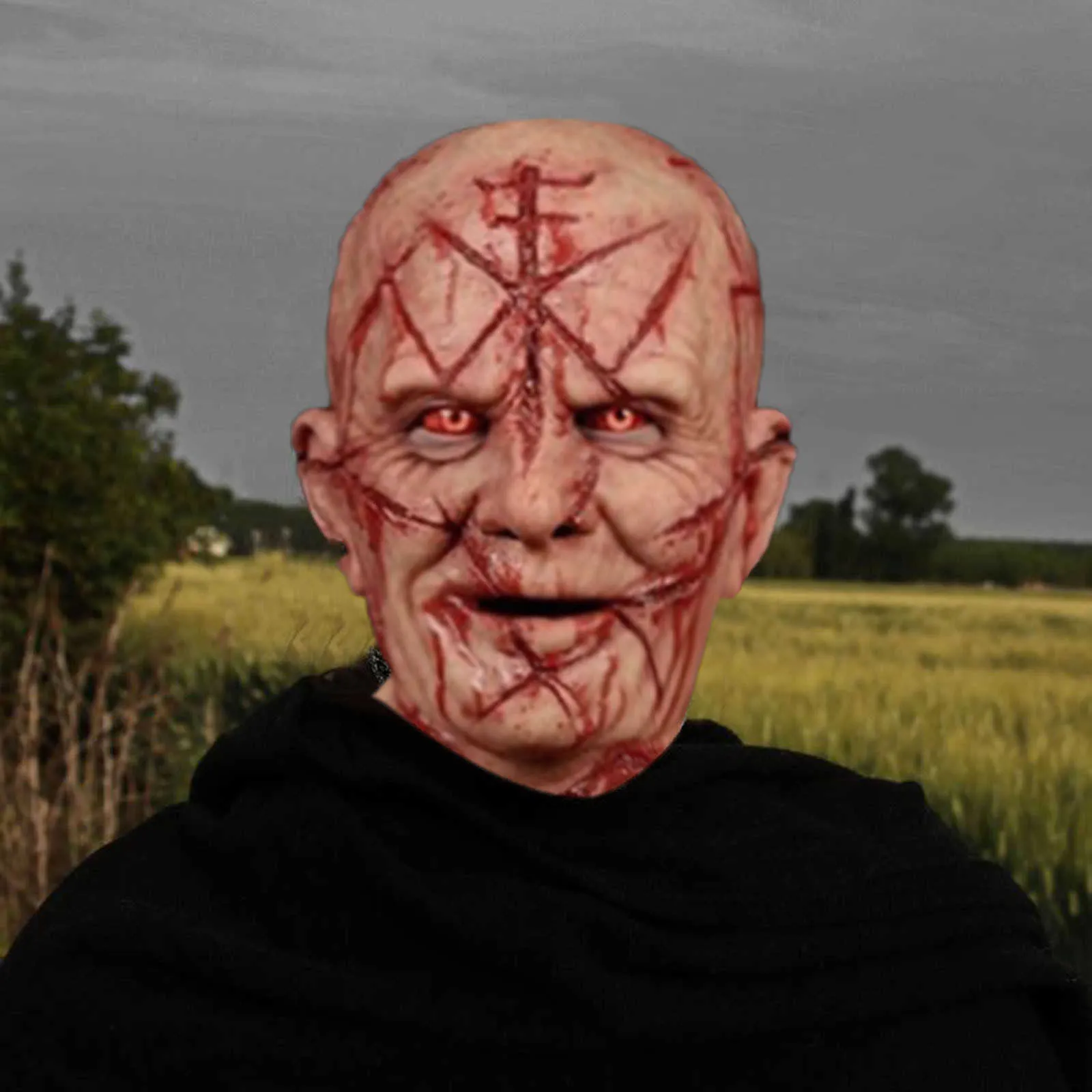 Przerażający łysy blizn blizny horror krwawy nakrycie głowy 3D realistyczna ludzka twarz emulsja emulsja lateksu dla dorosłych maska ​​oddychająca maska ​​q0275m