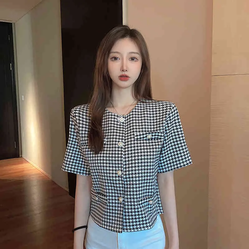 Summer Korean Fashion Short Sleeve Plaid Woman Jacket Vintage Temperament Elegant Office Lady Single-Breasted Chic Top 210518