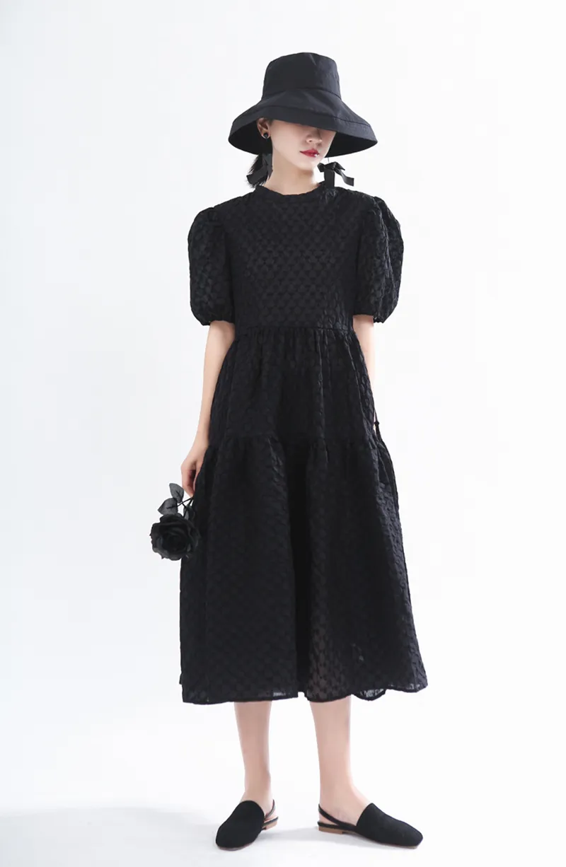 [EAM] Women Black Brief Elegant Long Dress Round Neck Short Puff Sleeve Loose Fit Fashion Spring Summer 1U487 21512