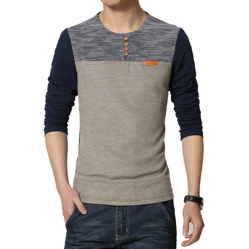 US S-XL Spring Arrival Męskie T Shirt O Neck Patchwork Z Długim Rękawem T Shirt Męskie Trend Odzież Plus Size Top Tees Koszulki 210528