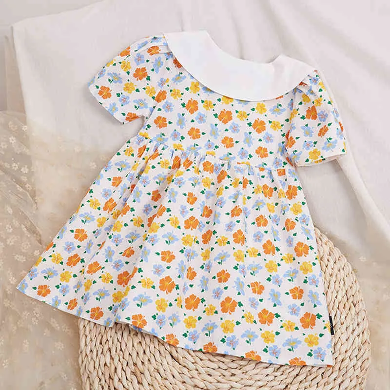 夏の女の子のドレス韓国風の花柄パフスリーブかわいい幼児子供服2-6Y 210515
