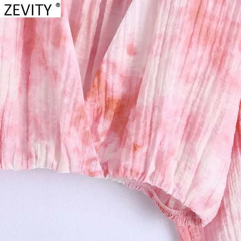 Zevity Women Vintage Vネックピンクティー染め印刷ショートスモックブラウス女性着物シャツシックスリムブルスクロップトップスLS9281 210603