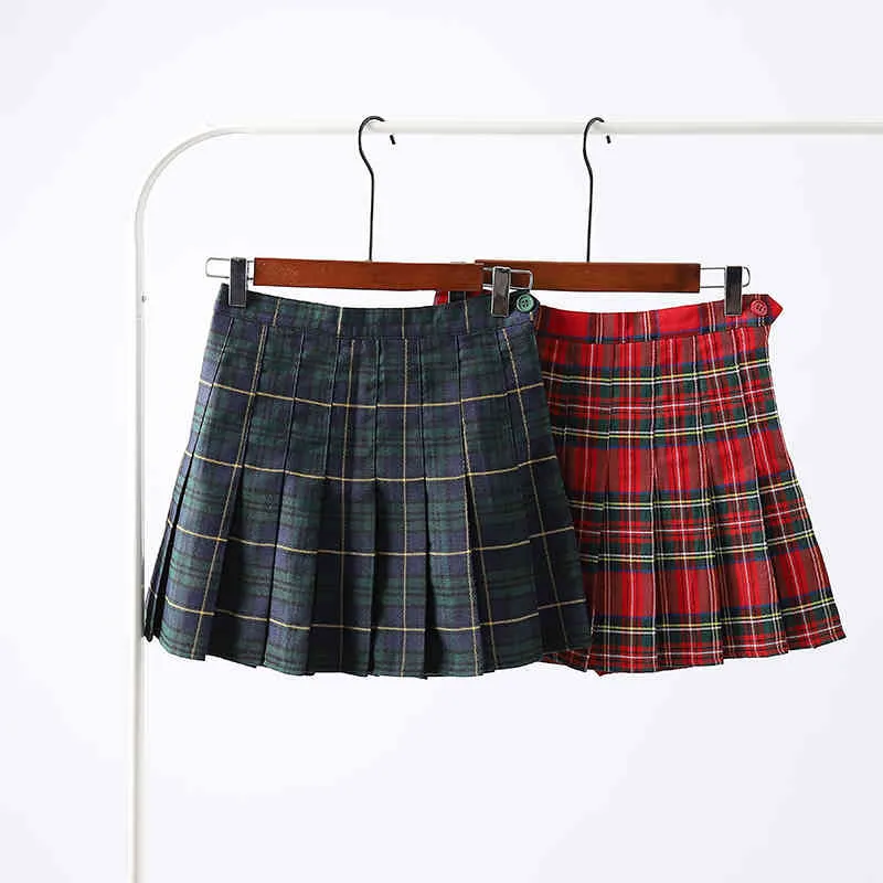 Harajuku Tartan Red Green Women Salia Sexy Saias Plaid plisadas de moda Mini saia lateral zíper da cintura alta Saias femininas Casual 2103331