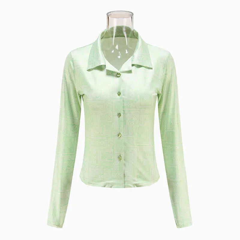 Duena Tryckt långärmad tröja grön y2k knäppas upp damer kläder kvinnor 2021 Sexig mantel vintage estetisk krage t-shirt y0508