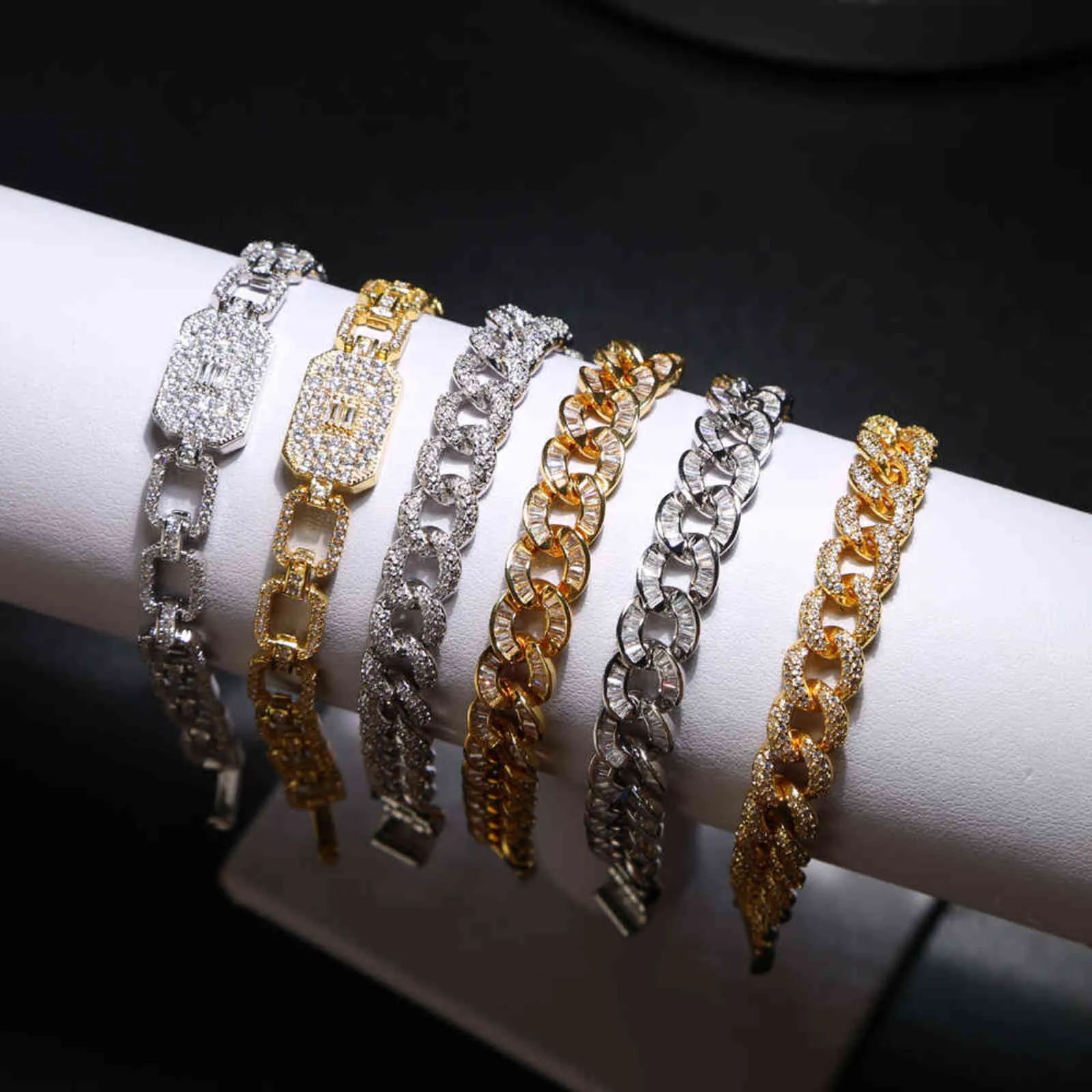 Bling Iced Out Miami Bracelet Hip Hop Women Men Jewelry Gold Silver Color Cz Thick 10mm Cuban Link Chain 211124