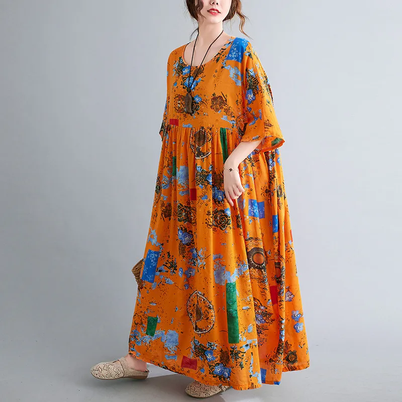 Johnature Vintage Casual Print Ankle-length Summer Dresses Plus size O-Neck Short Sleeve Loose Women Yellow Dresses 210521