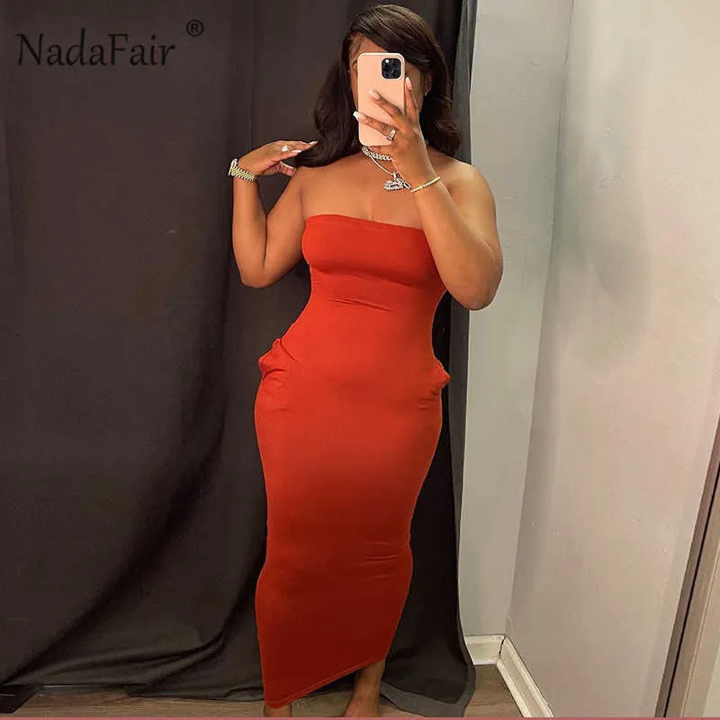 Nadafair Strapless Sexy Maxi Dress Summer Women Off Shoulder Slim Red Black Bodycon Tube Dress 2021 Party Night Club Outfits Y1006