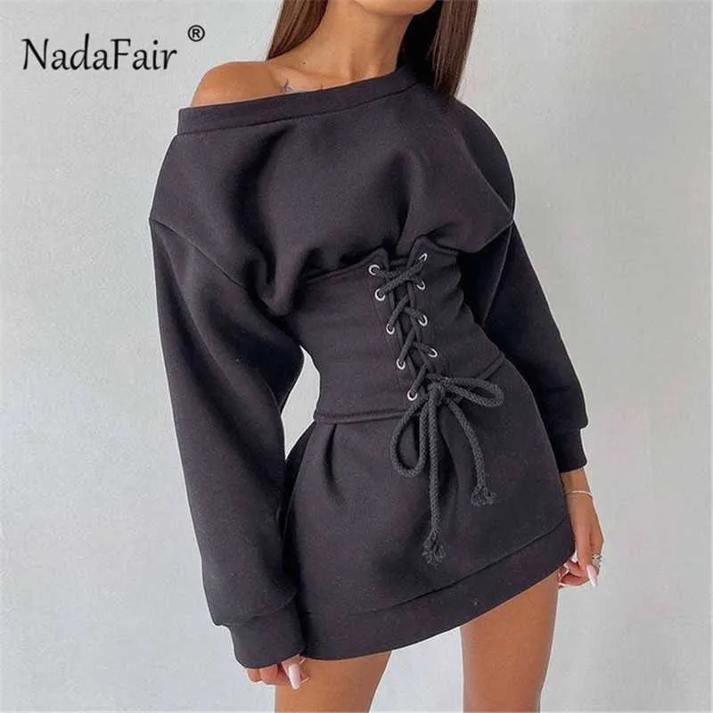 Nadafair Casual Mini Felpa Abito con Corsetti Donna Autunno Vestiti Oversize Manica Lunga Tunica Party Winter Dress 2021 Y1006