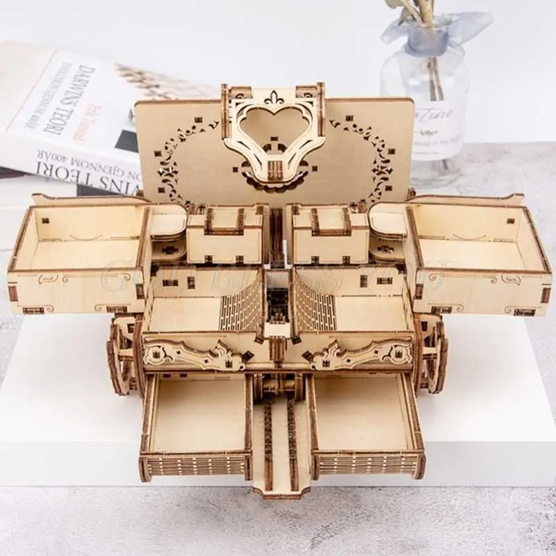 3D Assembled Creative DIY Puzzle Wooden Mechanical Transmission Antique Jewelry Box Model Toy Adult Children Gift Drop 210811