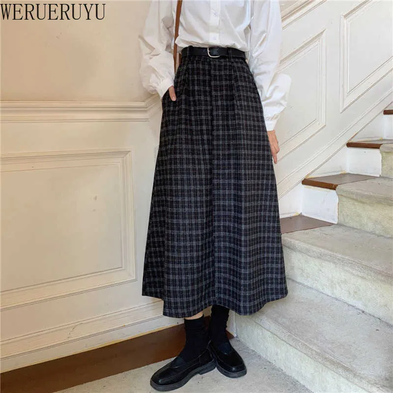 WERUERUYU Vintage England Style Long Plaid Skirt Women Autumn Winter Elegant A-Line Wide-Swing High Waisted Skirts Women 210608