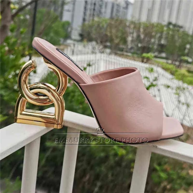 Unique Metal Letter Strange Heel Mulas para niñas Cuero genuino Peep Toe Slingbacks Slip-on Sandalias de verano Mujeres Y220211