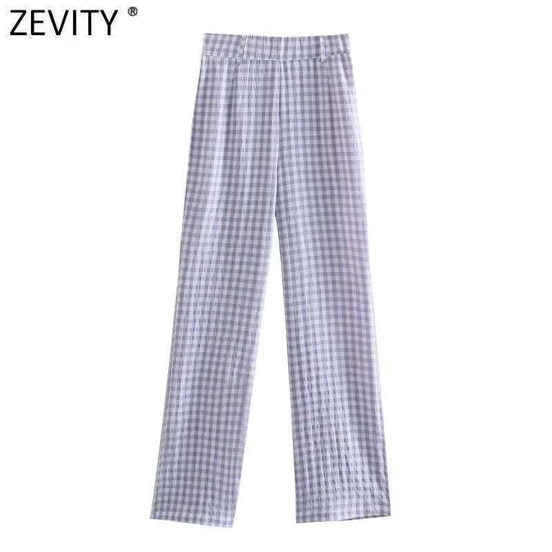 Zevity Frauen Vintage Plaid Print Casual Gerade Hosen Retro Weibliche Seite Zipper Pantalones Mujer Chic Lange Hosen P1033 210707