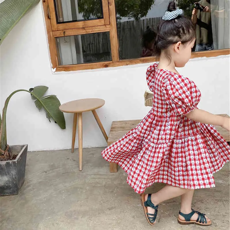 Fashion Plaid Print Dress Summer Kid Clothes Girl Korean Style Puff Sleeve Sweet Princess 210515