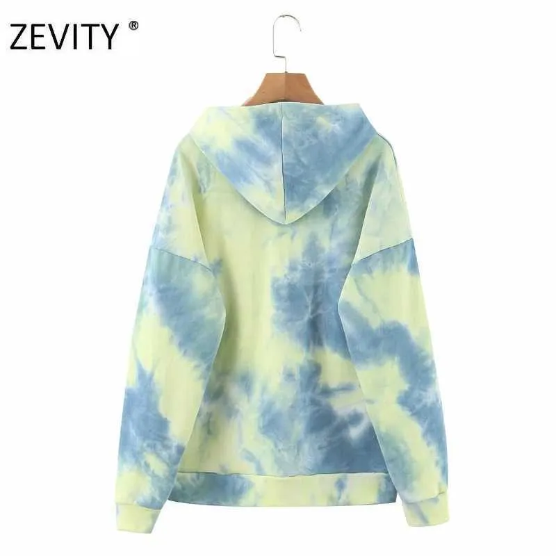 Zevity Women Vintage Krawat Barwiony Drukuj Dorywczo Luźne Kapturem Sweatershirts Panie Z Długim Rękawem Kieszenie Bluzy Chic Pullover Topy H352 210603