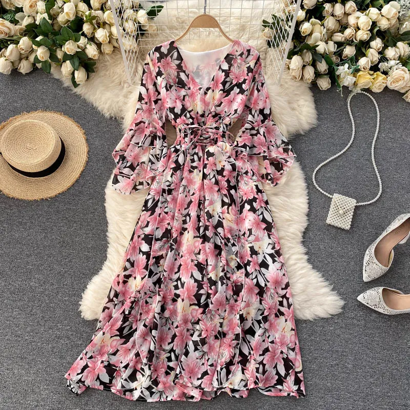 Singreiny Women Bohemian Floral Dress Design Longular Long Sleeve v Neck A-Line Dresses Summer Chiffon Print Beach Dress 2295W