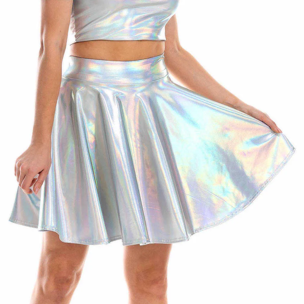 Zomer Sexy Laser Hoge Taille Mini PU Lederen Rok Club Party Dance Shiny Hologographic Rokken Harajuku JK Metallic geplooid 210629