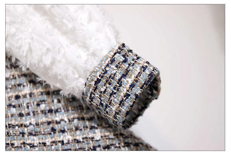 France vintage robe de luxe automne 2019 mode blanc gland à manches longues patchwork plaid tweed bureau dames a-ligne robes Y1006