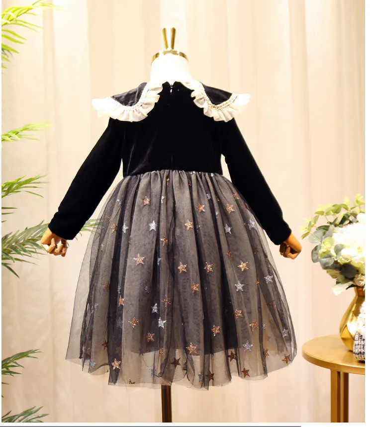 秋の女の子のドレス子供服の赤ちゃんキッズネット糸レースフリルズラペル長袖プリンセス210625