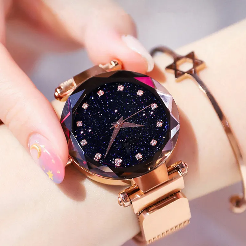 Женщины смотрят простой стиль из нержавеющей стали сетчатой ​​ремень, часы Starry Sky Luxury Fashion Diamond Quartz Watches Reloj Mujer206N