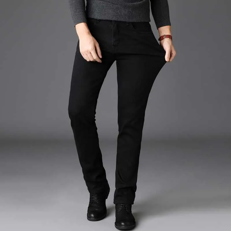 Shan bao fleece tjock tunn vinter jeans klassisk stil män monterade raka rena svarta tjocka varma jeans 210531