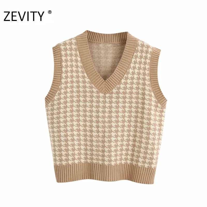 Zevity Nowe Kobiety Moda V Neck Houndstooth Plaid Patchwork Kamizelka Kurtka Biurowe Panie Bez Rękawów Dorywczo Slim Kamizelki Topy S378 210419