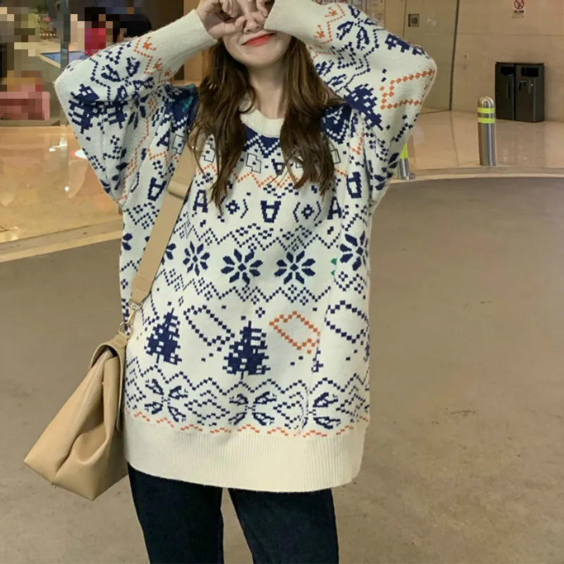 Ezdgaga Dzianiny Sweter Sweter Kobiety Vintage Harajuku Outwear O-Neck Miękkie Luźne Damskie Topy Snowflake Christmas Moda Daily 210430