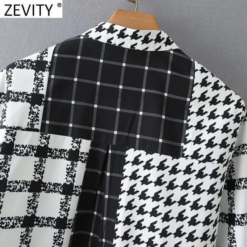 Zevity femmes Vintage pied-de-poule Plaid Patchwork imprimé blouse blouse bureau dame col montant chemises Chic Blusas hauts LS7640 210603