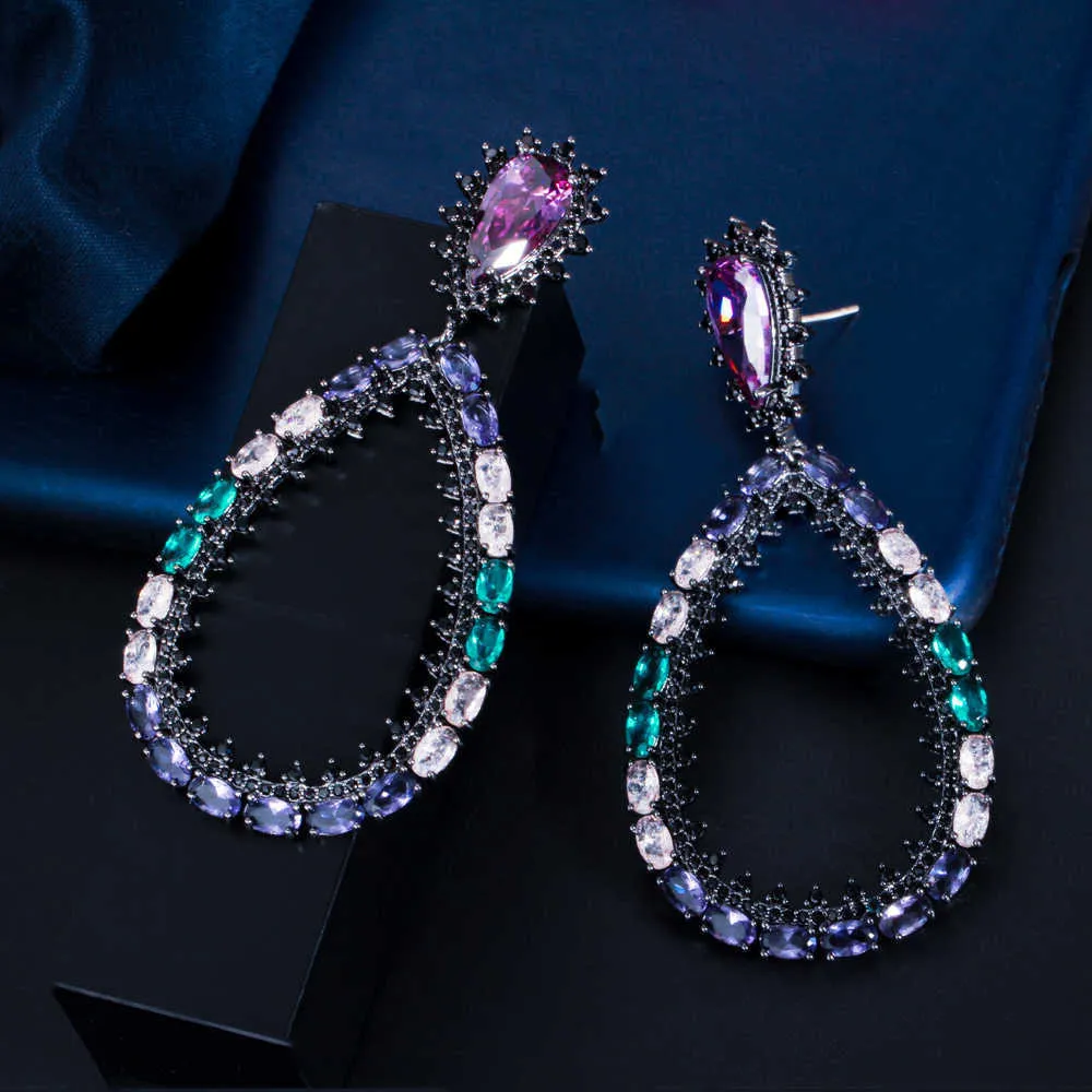 Colored Luxury Big Statement Long Drop Earrings for Women Brazilian Black Gold CZ Crystal Party Wedding Jewelry CZ860 210714