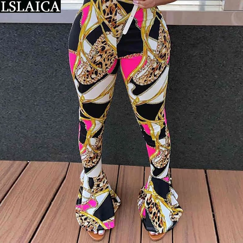 Slank kvinna byxor kedja print leopard patchwork casual leggings hög midja mode flare party club streetwear pantalones 210515