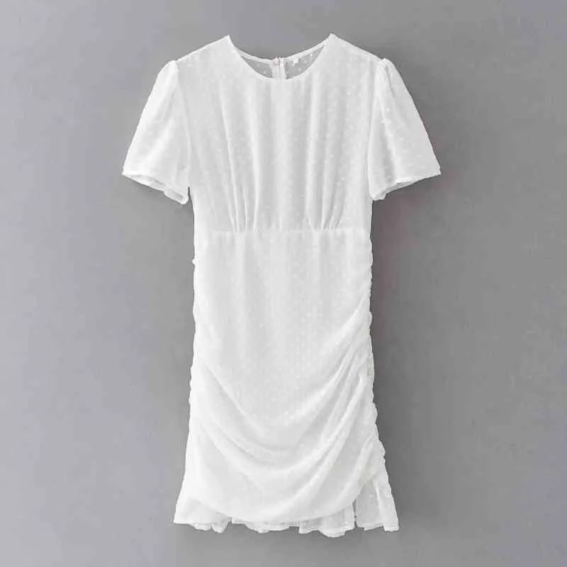 Kvinnor Dot Flocked Chiffon Pleated Mini Dress Kvinna O Neck Kortärmad Kläder Casual Lady Slim Vestido D7373 210430