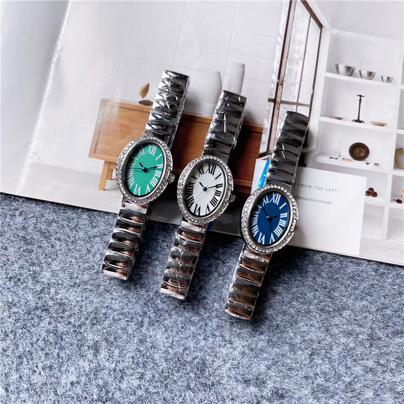 Orologi di marca di moda Donna Ragazza Cristallo Ovale Numeri arabi Stile Acciaio Fascia metallica Bellissimo orologio da polso C61219W