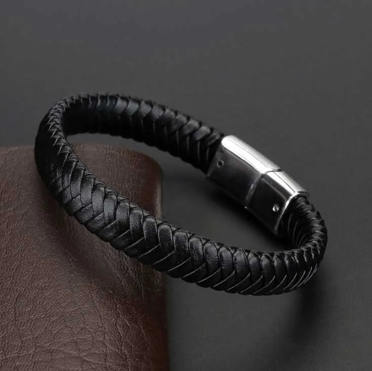 Bracciale alla moda con magnete, braccialetto da uomo, braccialetto in pelle intrecciata nera vintage, gioielleria raffinata Q0719