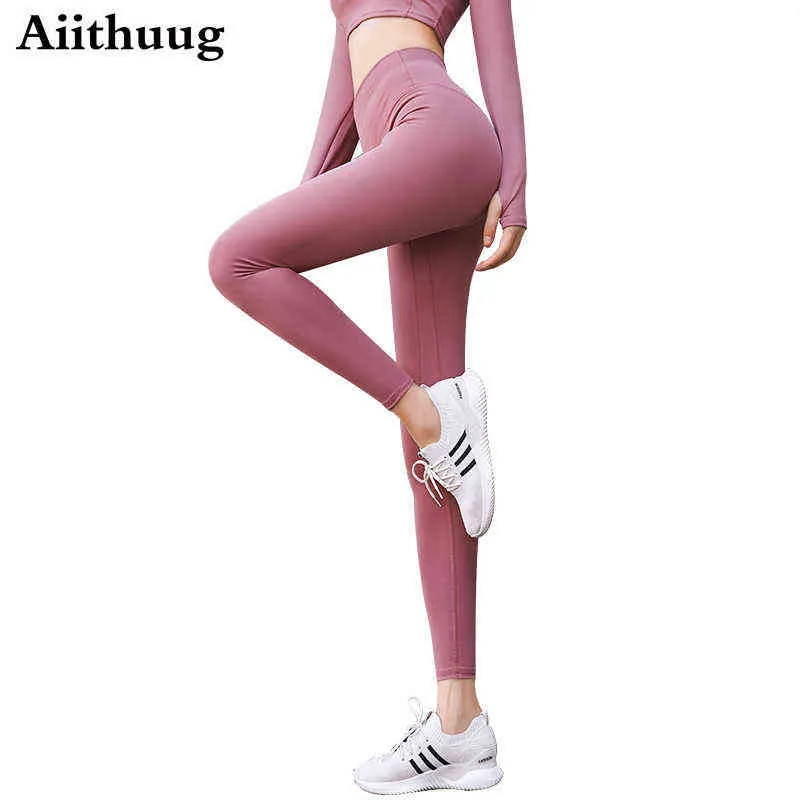 Aiithuug Lightweight Non-Heer Yoga High Waist Full Length Legging Compression Yoga Byxor Naken Känsla Träning Leggings Tight H1221