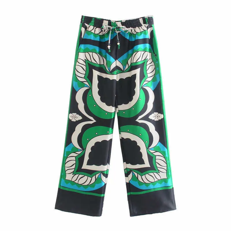 Nwomn za 2021 calças de perna larga para mulheres verde cintura alta calças femininas vintage impressão solta calças mulher casual verão trouser q0801