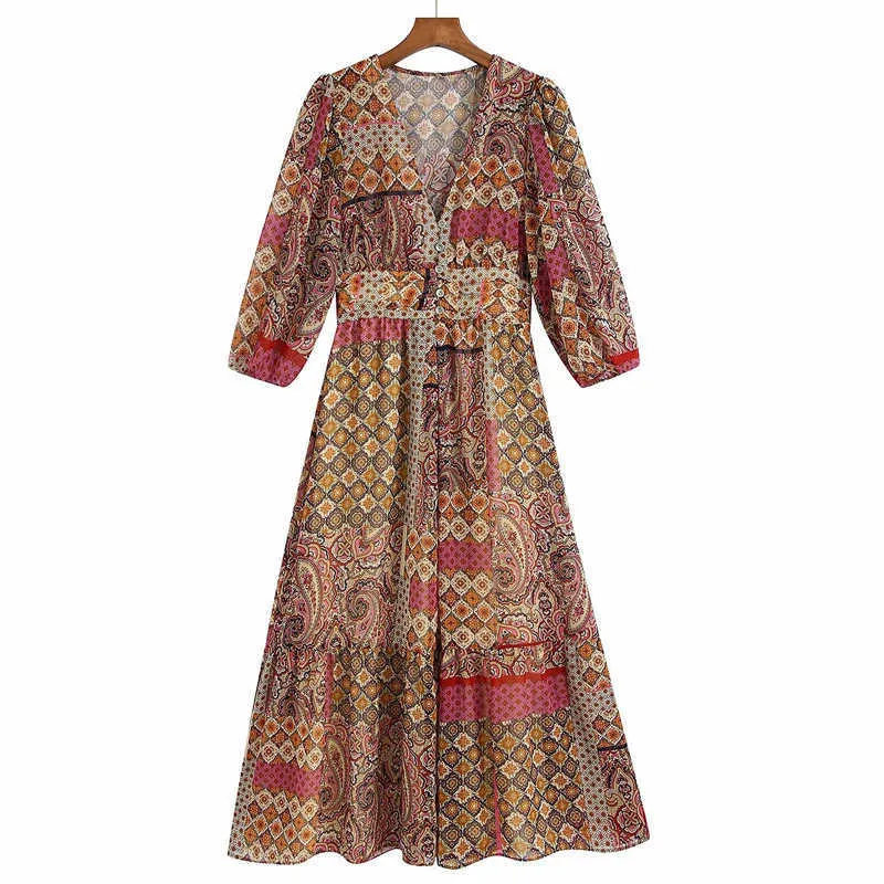 ZA Paisley Imprimer Longue Robe Femme Volants Femme Robe Été Robe Élastique Doublure intérieure Élégante Plisent Midi Robes 210602