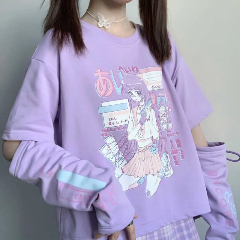 Japanese Anime T Shirt Long Sleeve Top Zipper Removal Tee JK Girl Cute Clothes Cotton Tshirt Women Harajuku Cartoon Printed Tops 29055055