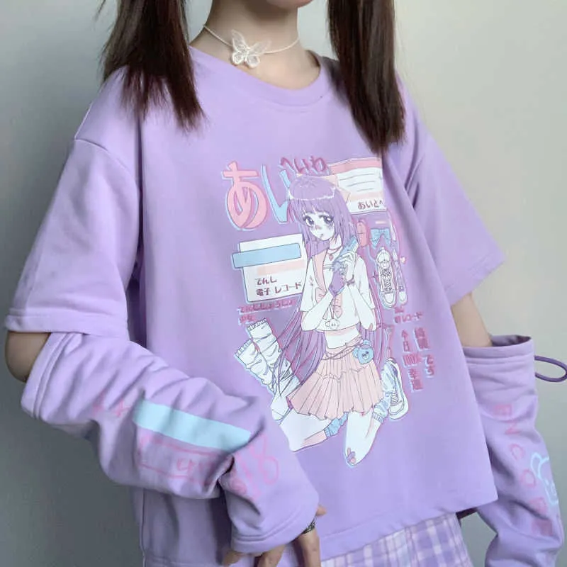Japonais Anime T-shirt À Manches Longues Top Zipper Retrait Tee JK Fille Mignon Vêtements Coton T-shirt Femmes Harajuku Bande Dessinée Imprimé Tops 210720