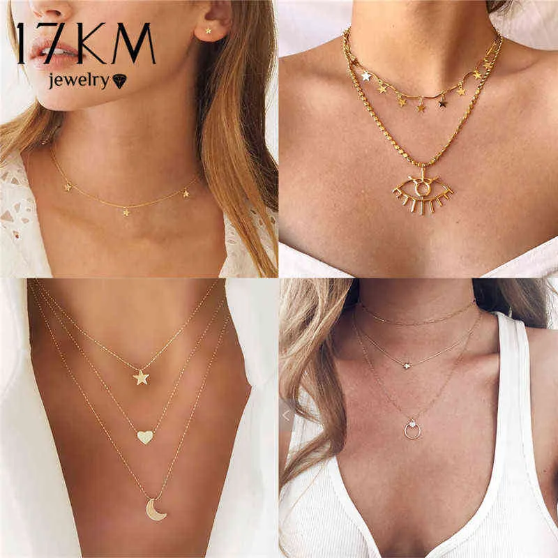 17KM Bohème Or Étoile Colliers Pour Femmes Coeur Fleur Ras Du Cou Pendentif Collier 2020 Ethnique Multicouche Femme Mode Bijoux G1206