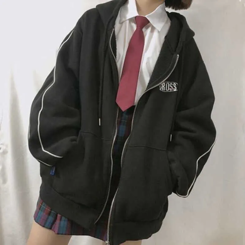 Streetwear Harajuku Sublançado Suave Mulheres Imprimir carta Zip Up Hoodies Student Plus Size Outwear Feminino Solto Tops 210816