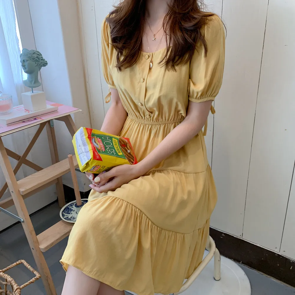 プラスサイズの夏の女の子のボーパーティー固体女性ヴィンテージのドレス黄色い半袖女性のドレス赤いローブvestido 210417