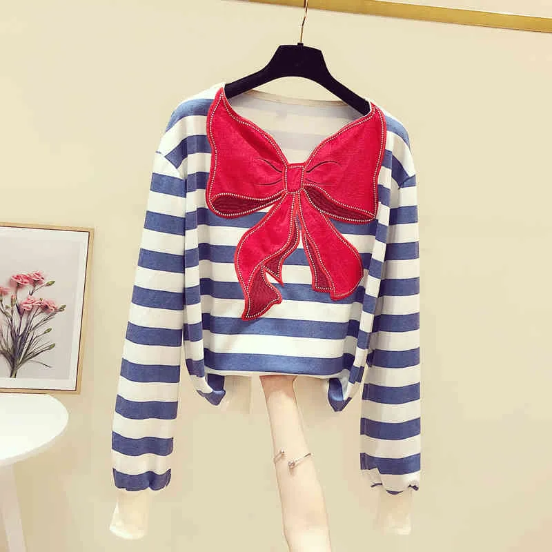 Luksusowy Design Damskie Rękawy Red Bow Stripe Loose T-Shirt Tee Jesień Dziewczyny Pullover Casual Tops Tees A4169 210428