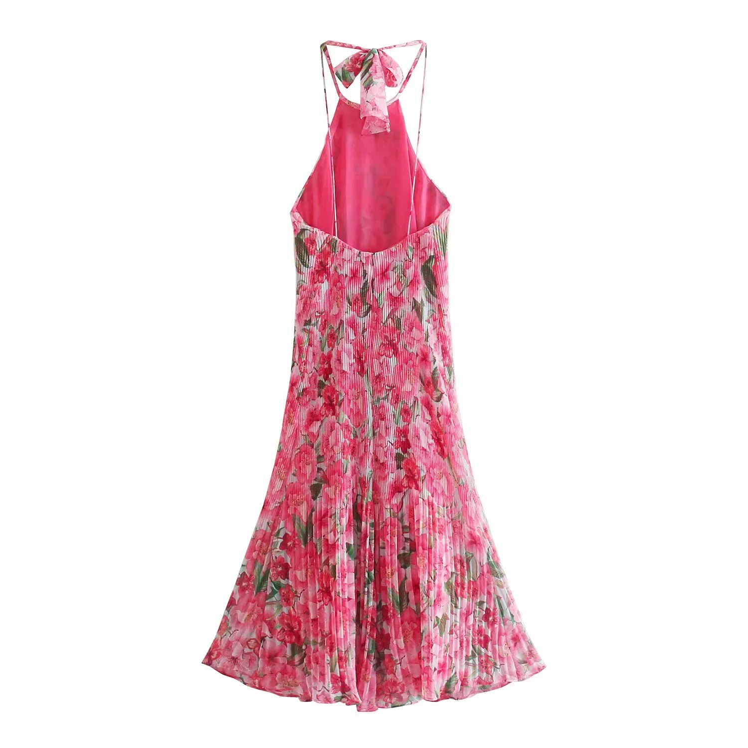 Sukienki Różowy Kwiatowy Drukuj Ruched Halter Kobiety Lato Sexy Pasek Backless Long Woman Party Midi Vestidos 210430