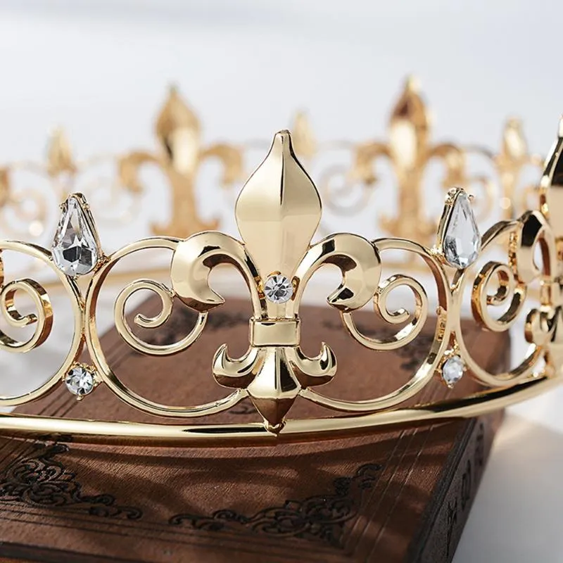 Metaalkronen en tiara's voor mannen Royal Full King Crown Prom Party Hoeden Kostuum Cosplay Haaraccessoires Goud Clips Barrettes318r