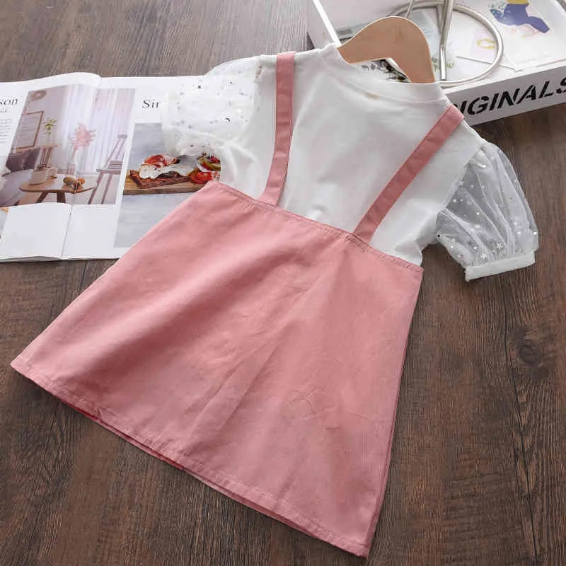 Girls Princess Clothes Set Summer Kids Baby Sequins T-shirt och Suspender Dress Outfits Barn Casual Passits 2-6Y 210429