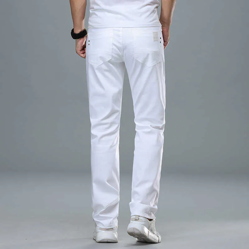 SHAN BAO Herrenmode Weiße Jeans Frühling Sommer Markenkleidung Baumwolle Elastisch Bequem Business Casual Jugend Slim 210723