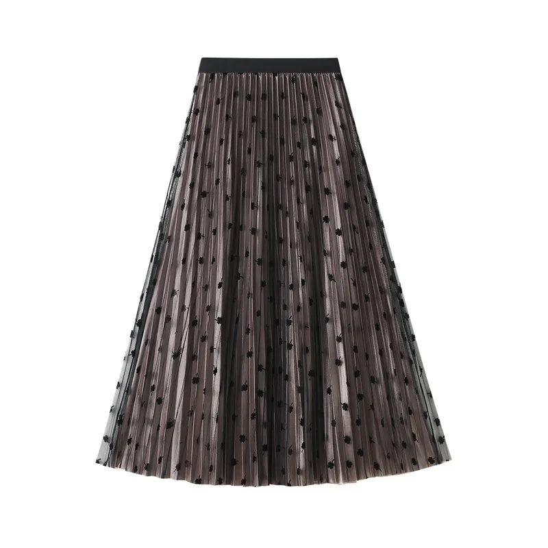 Spring Summer long Skirts Womens Midi Pleated dots Tulle Skirt Women Fashion Elastic High Waist Mesh Tutu 210524