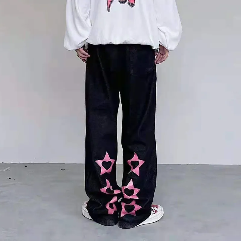 Herren-Jeans mit Sternen-Stickerei, gewaschene schwarze Denim-Hose, Harajuku, gerade, lässig, Paar, lose Übergröße