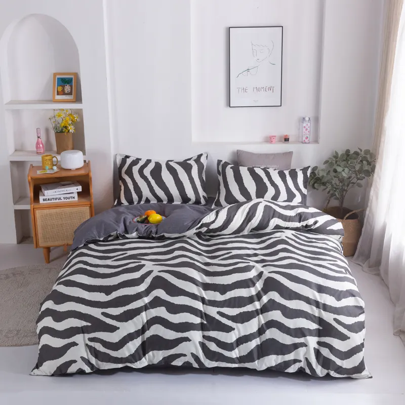 Nordic Houndstooth Zebra Impressão Duveta Capa Única Dupla Rainha Rei Stripe Cama De Cama De Cama De Cama Linho Simples Manta Bedclothes